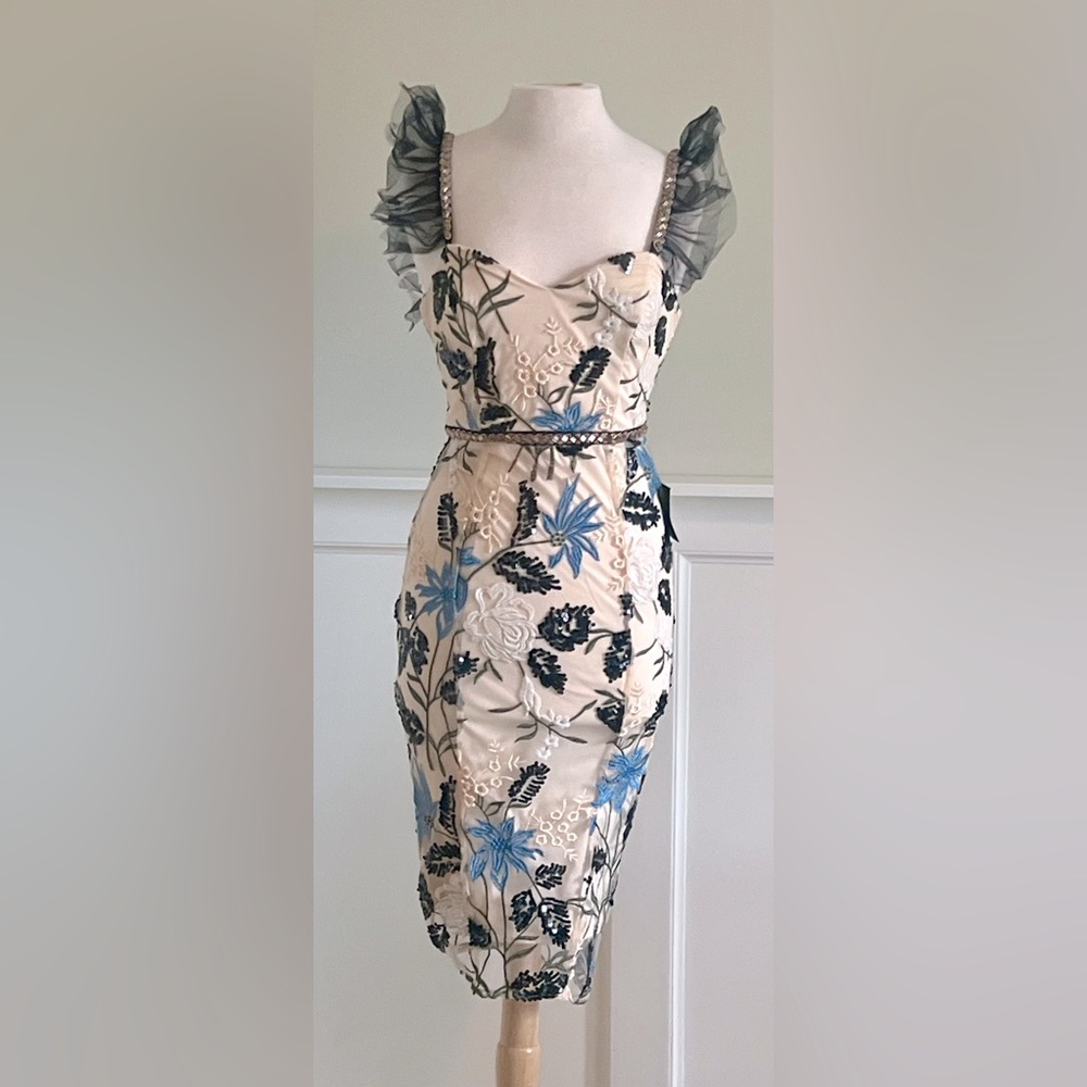 Show Stopper Cream Embroidered Sequin Bodycon Midi Dress